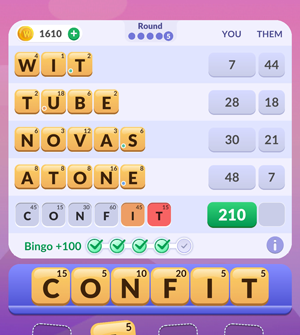 Screenshot of the Word Roll on round 5 with the word confit.