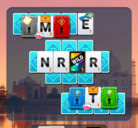 Screenshot of a Wordscapes Solitaire game board with many different card types